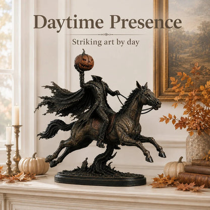 Headless Horseman statue daytime display with rich pumpkin tones