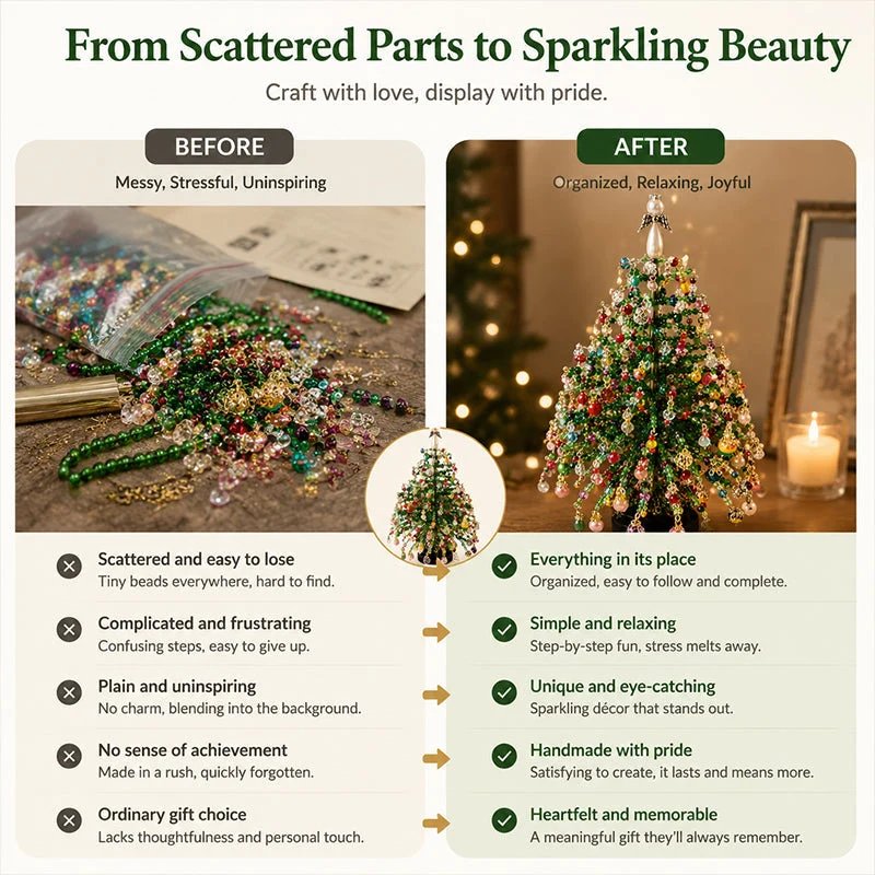 Before and after comparison from scattered beads to sparkling finished beaded tree
