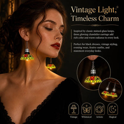 Model wearing vintage light-up chandelier earring with timeless charm