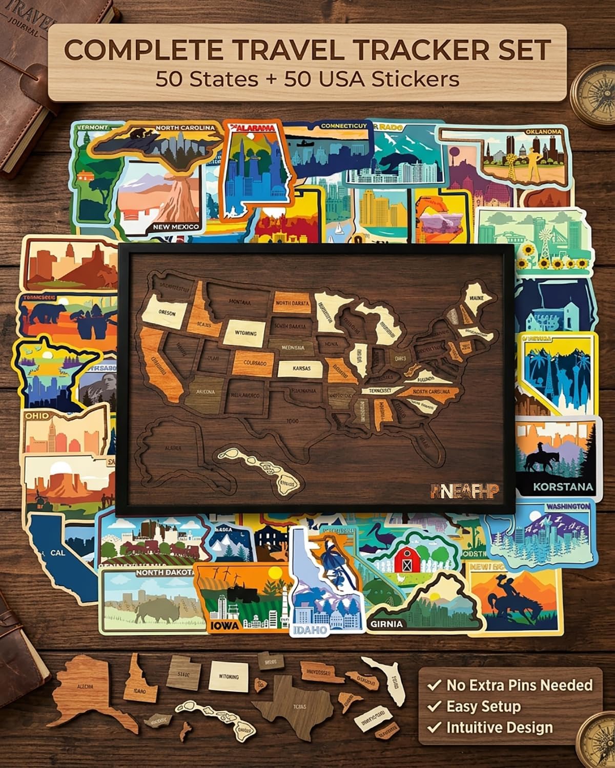 Wooden USA Travel Map Puzzle - 50 State Wall Tracker with Sticker Set