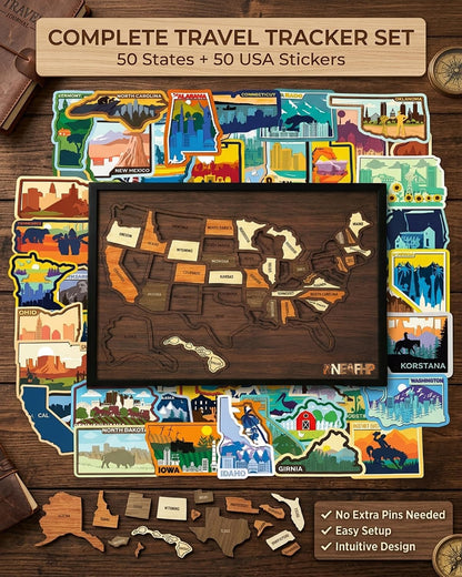 Wooden USA Travel Map Puzzle - 50 State Wall Tracker with Sticker Set