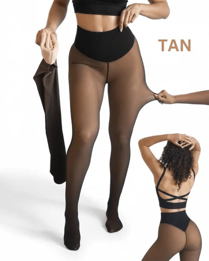 Tan thermal sculpting leggings showing leg stretch and rear silhouette