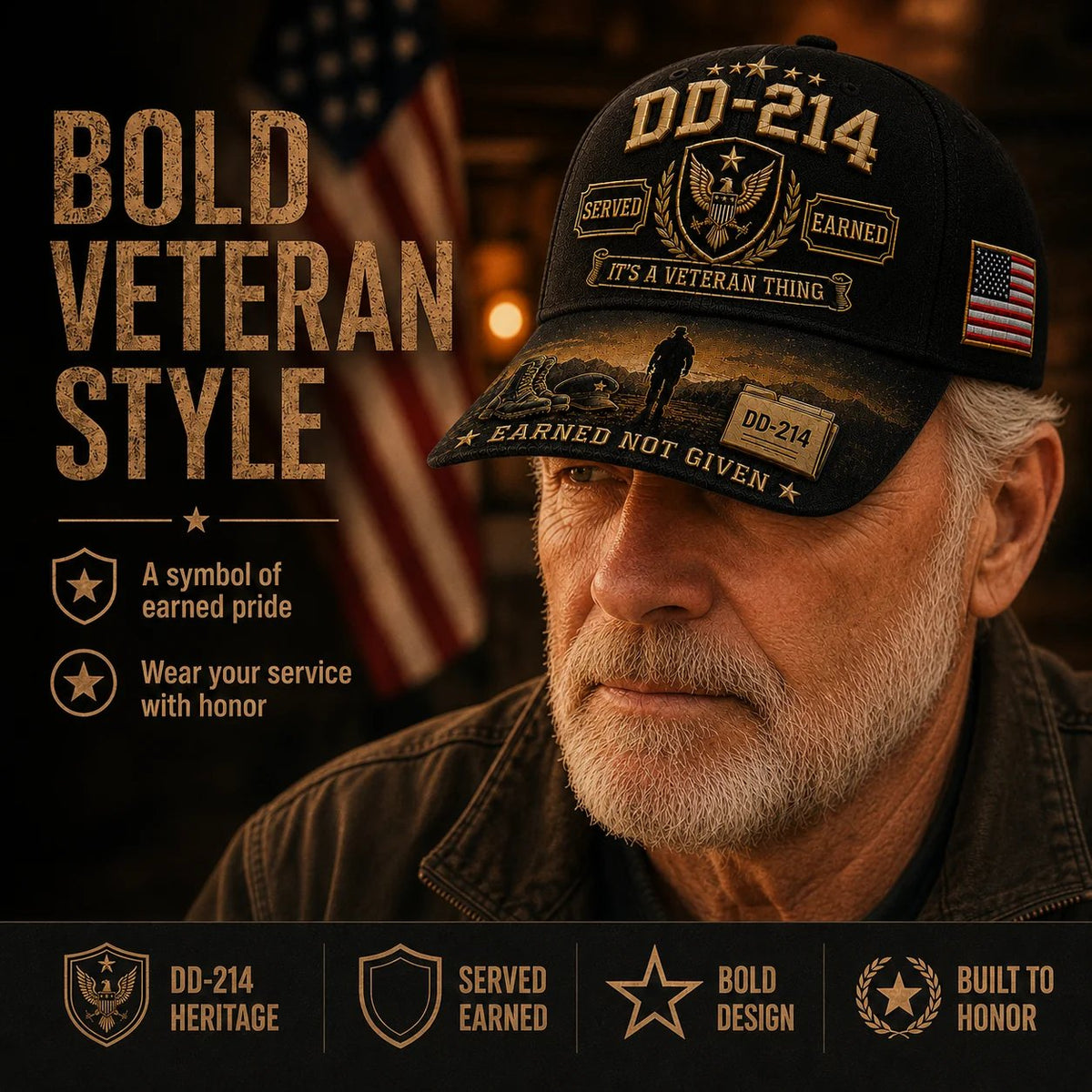Veteran wearing DD-214 Served Earned cap — bold veteran style hat in black