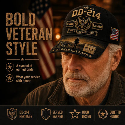 Veteran wearing DD-214 Served Earned cap — bold veteran style hat in black