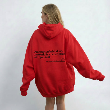 Red Dear Person Behind Me kindness hoodie with back message