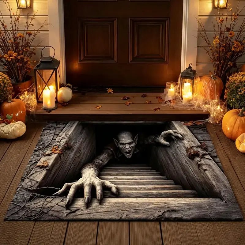 3D Halloween optical illusion doormat with cellar creature climbing out