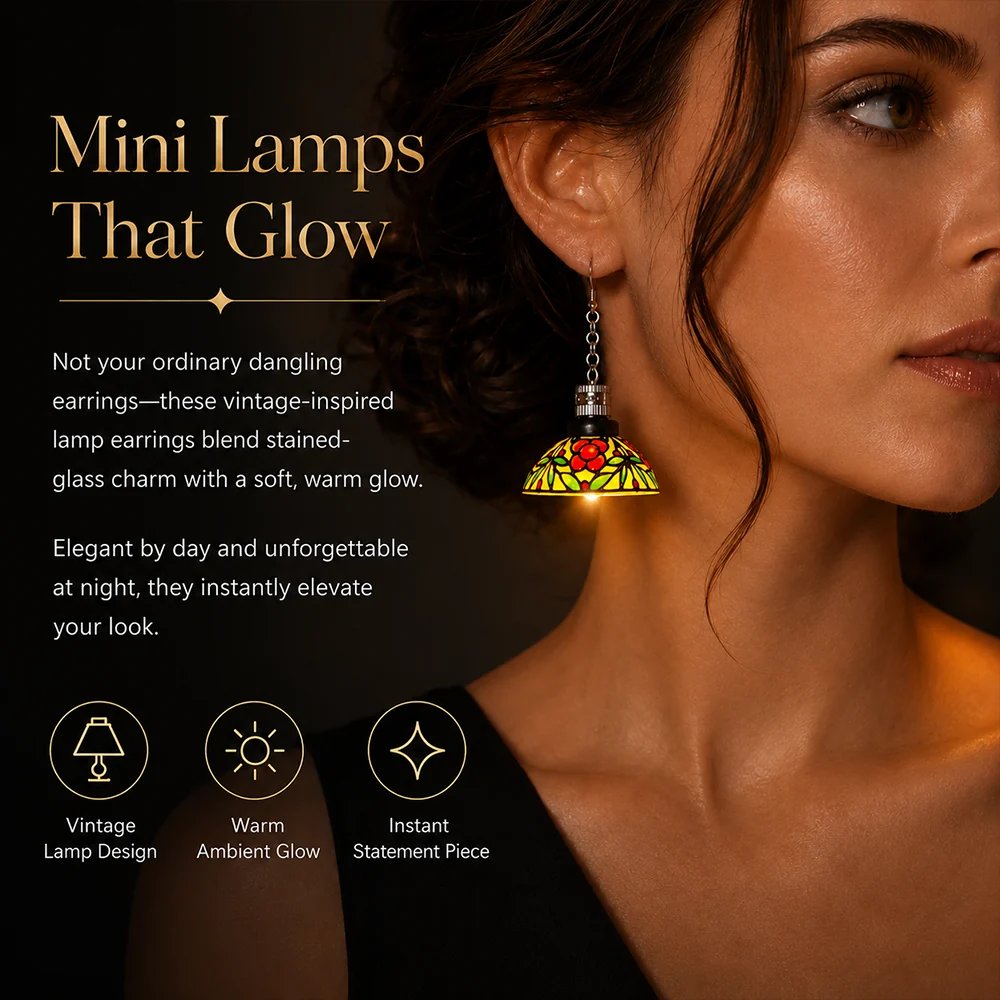 Mini LED lamp vintage chandelier earrings design details with warm ambient glow