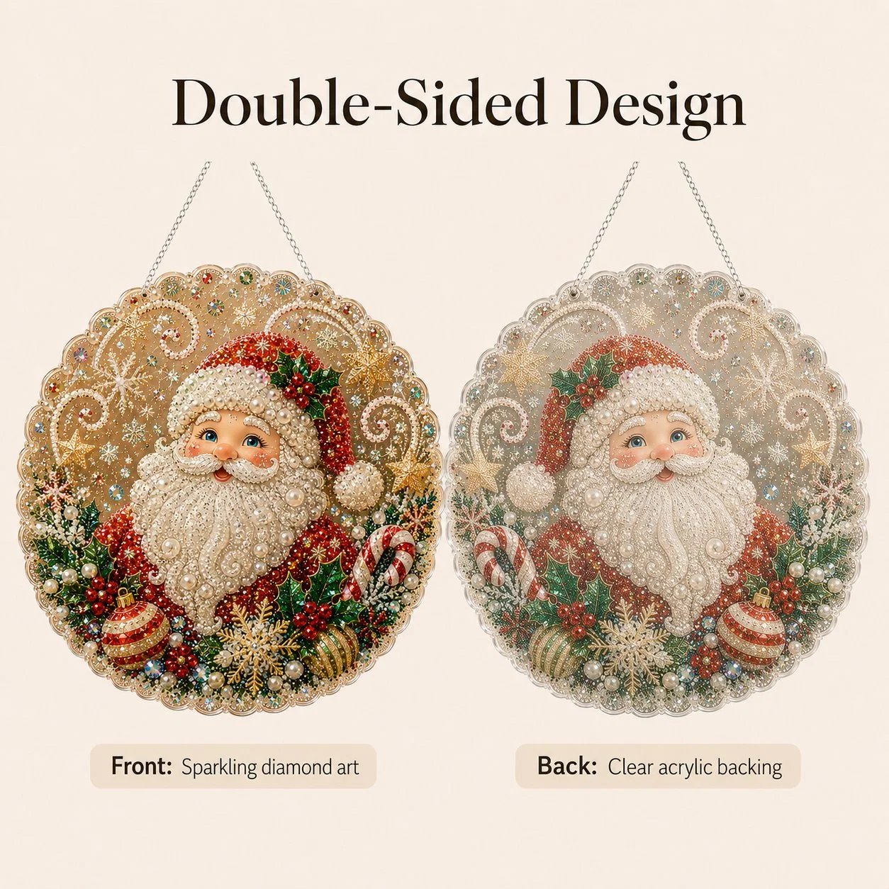 Double-sided Christmas ornament sparkling front with clean acrylic back