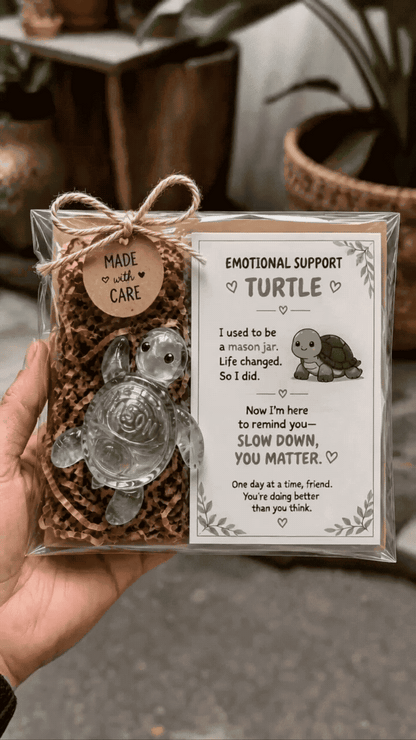 Recycled glass turtle gift box with jute twine bow and Emotional Support Turtle card