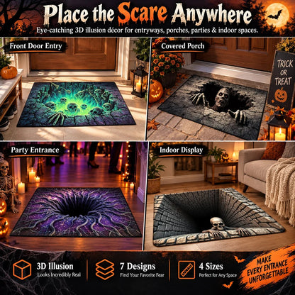 Halloween 3D illusion doormat shown at entry, porch, party and indoors