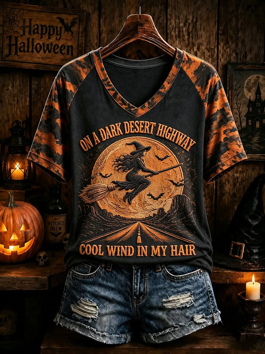 Women's dark desert highway flying witch vintage camo V-neck T-shirt Halloween tee