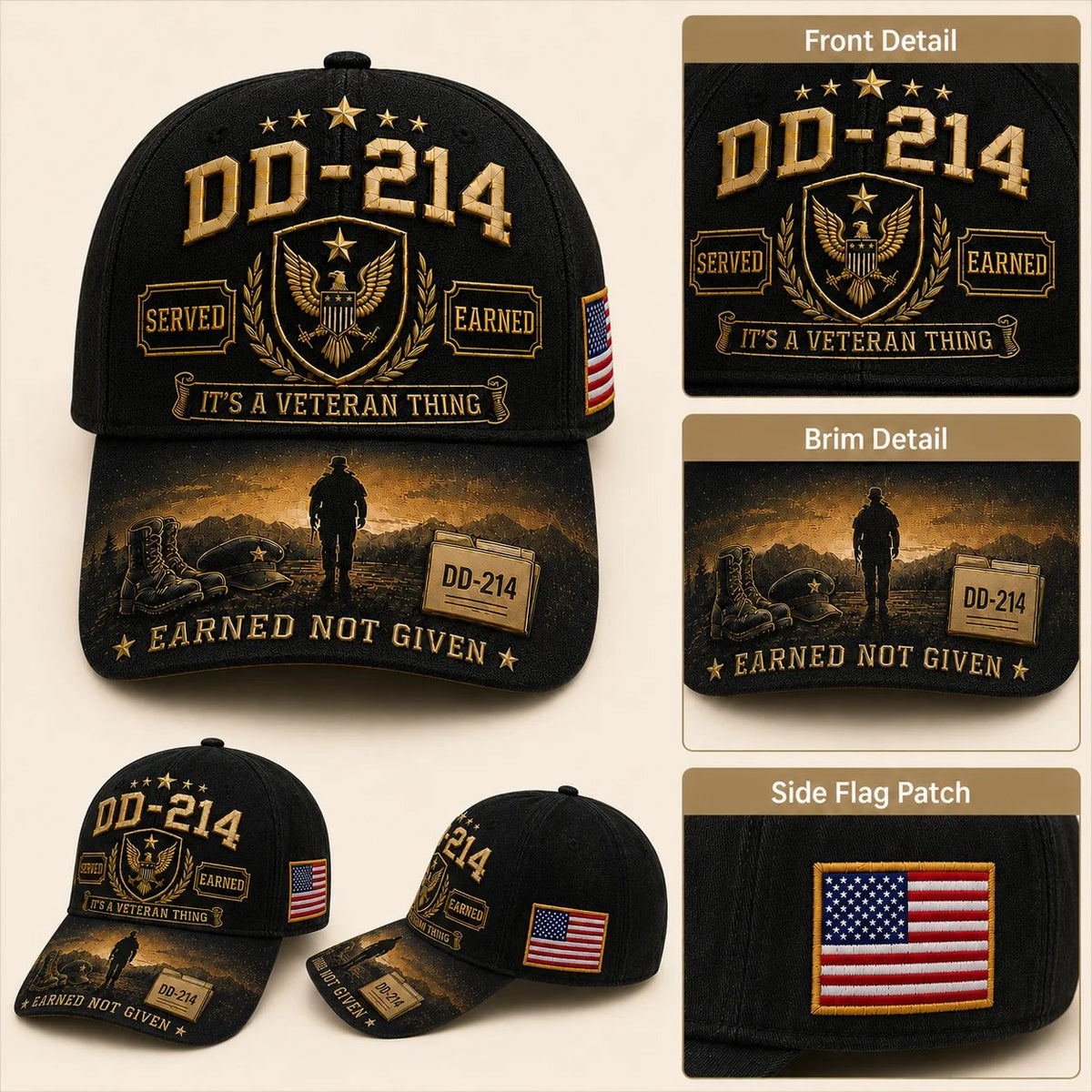 DD-214 commemorative cap multi-angle detail — front emblem, curved brim, and American flag side patch