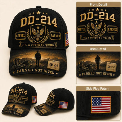 DD-214 commemorative cap multi-angle detail — front emblem, curved brim, and American flag side patch