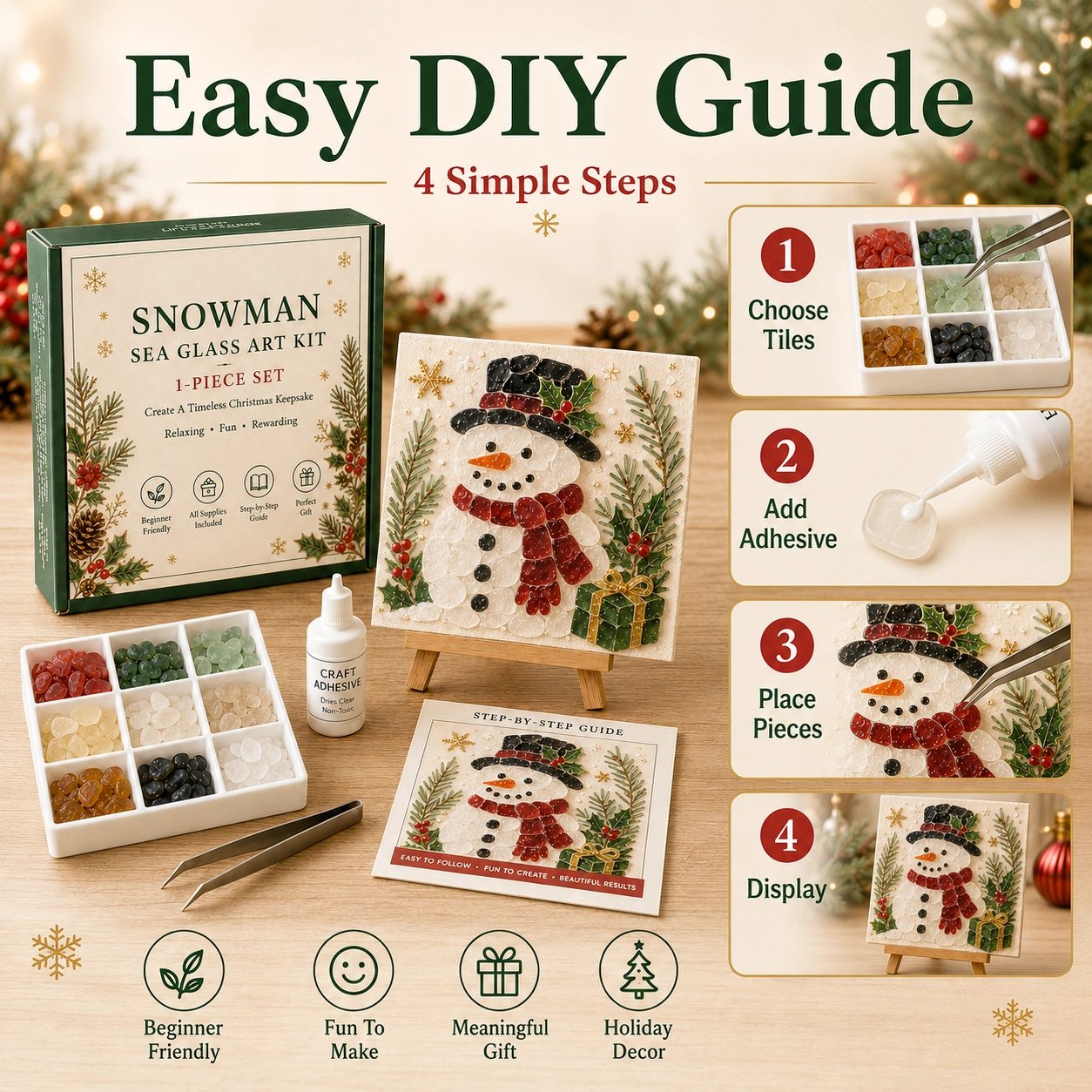 Easy 4-step DIY Christmas sea glass art guide illustration