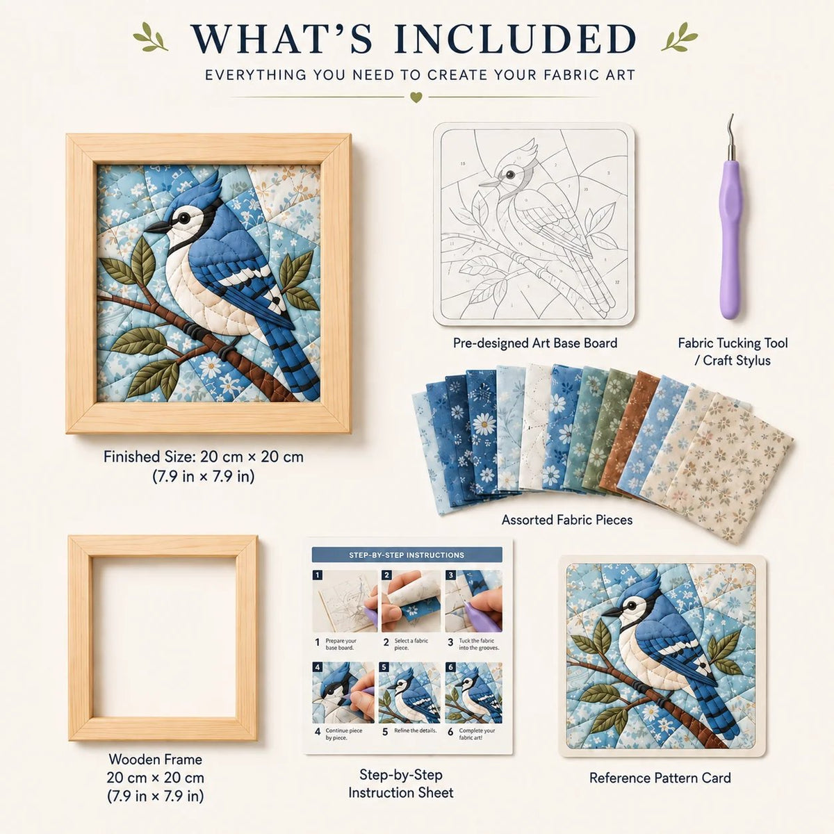 What is included inside the no-sew fabric art DIY kit — backing board, frame, fabric, tool and guide