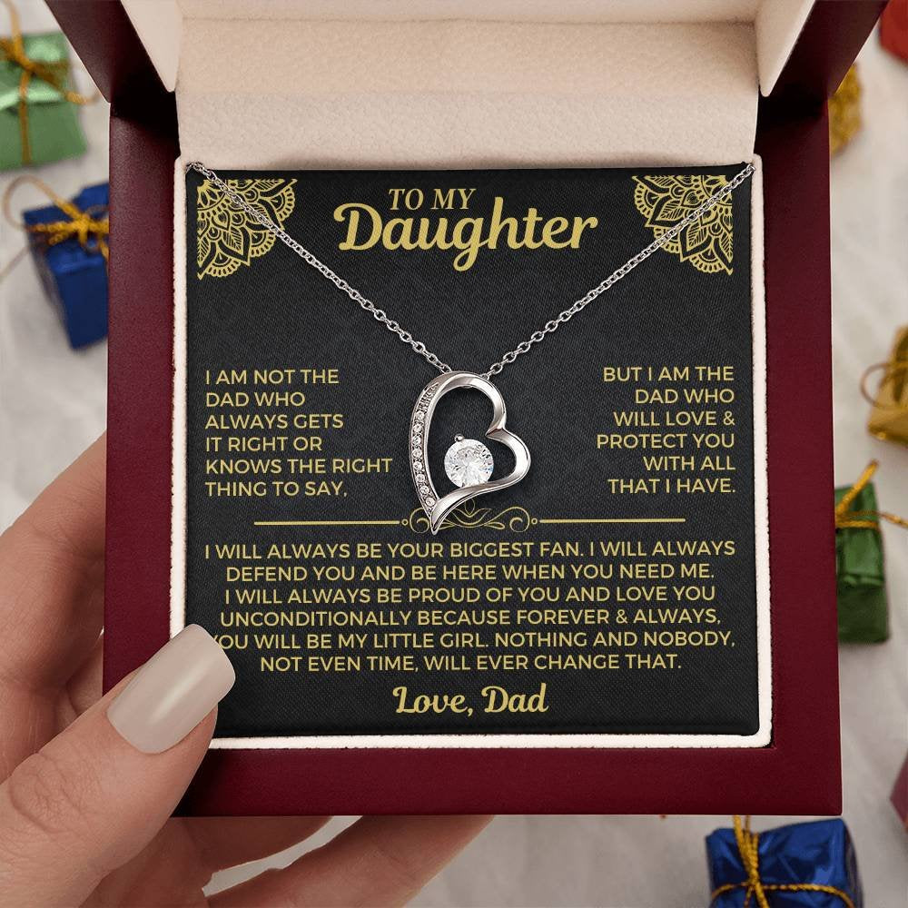 White gold finish daughter heart necklace gift from Dad in mahogany style luxury box