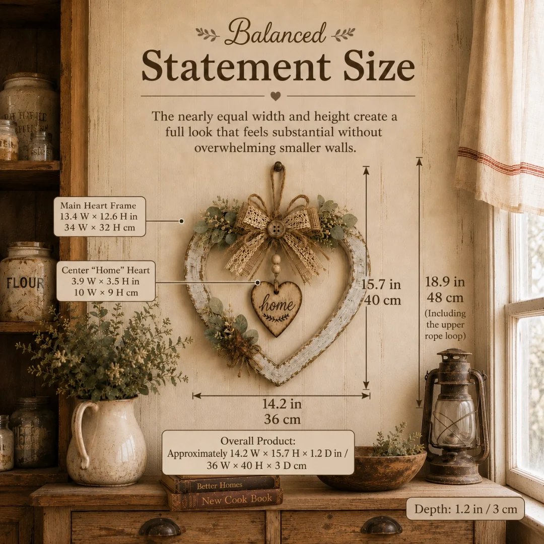 Farmhouse heart wreath size diagram showing 14.2 by 15.7 inches