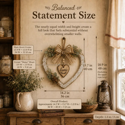 Farmhouse heart wreath size diagram showing 14.2 by 15.7 inches