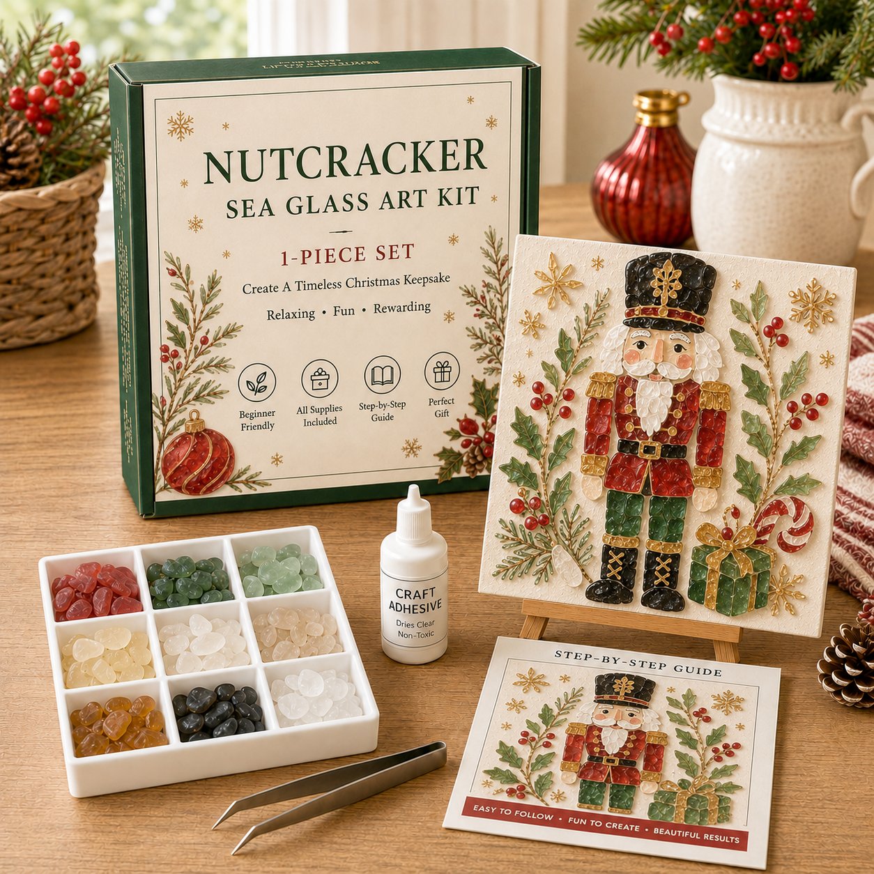 Nutcracker Christmas sea glass art DIY kit with frame and tools