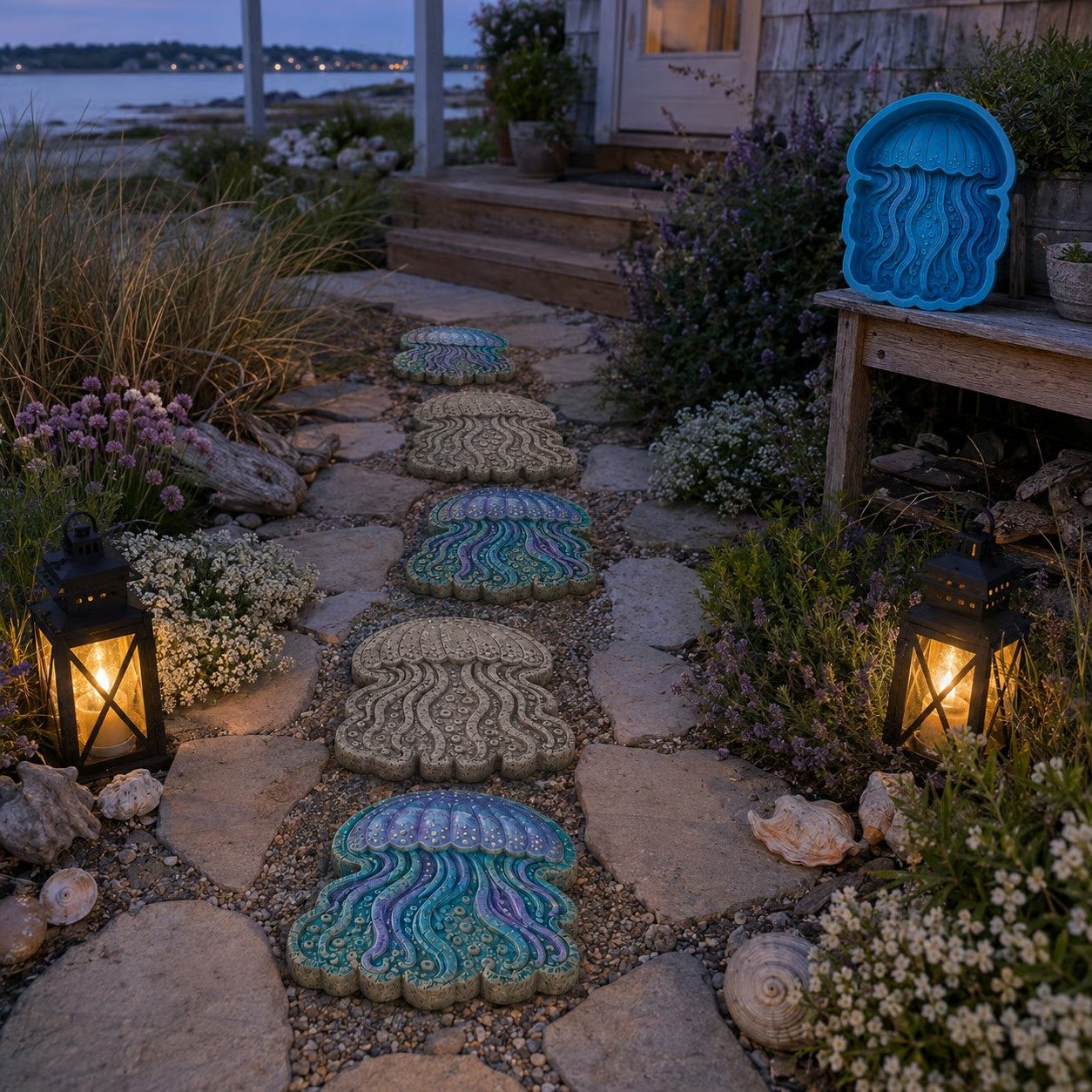 Jellyfish stepping stones illuminated in evening garden path
