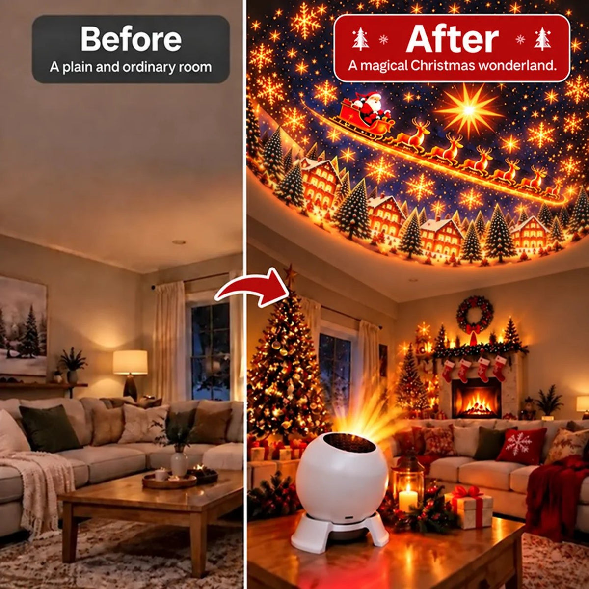Christmas projection night light before and after room comparison