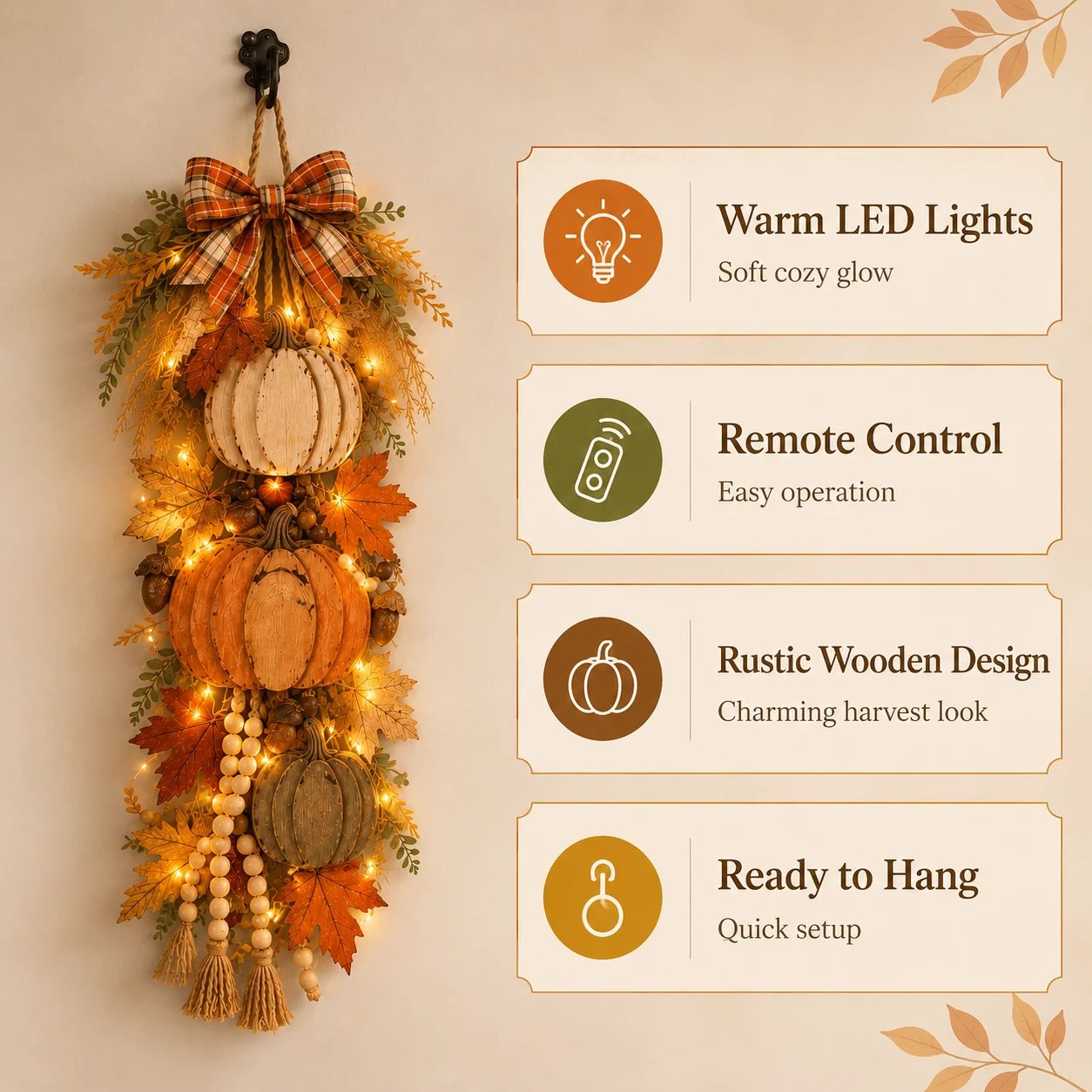 Wooden pumpkin door hanger four key features warm LED remote rustic wood ready to hang