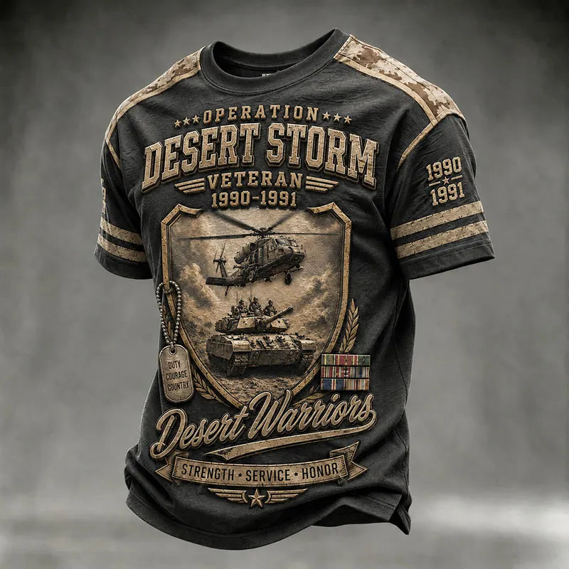 Operation Desert Storm Veteran T-shirt with helicopter, tank and Desert Warriors tribute graphic
