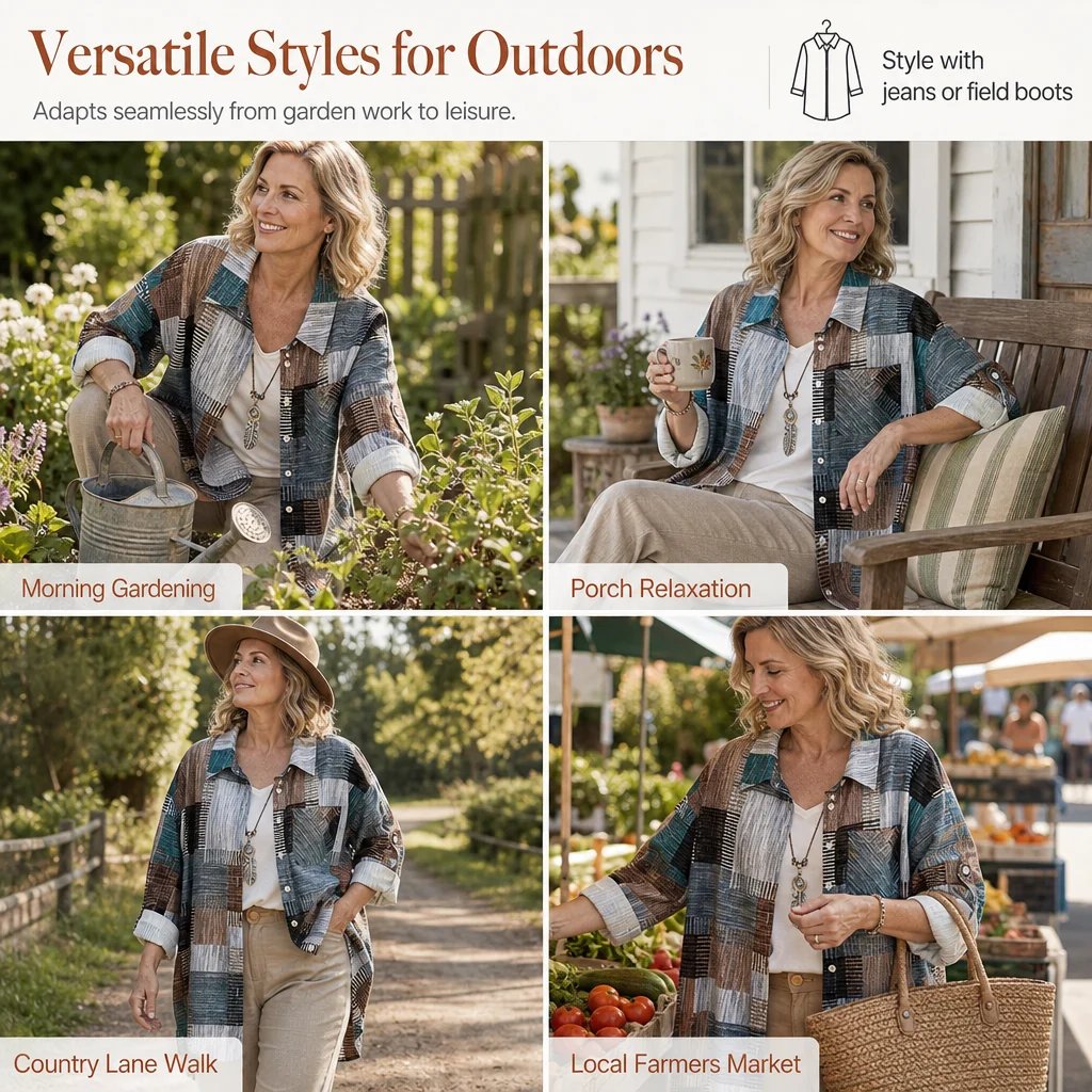 Green plaid shirt styled for garden, porch and market outings