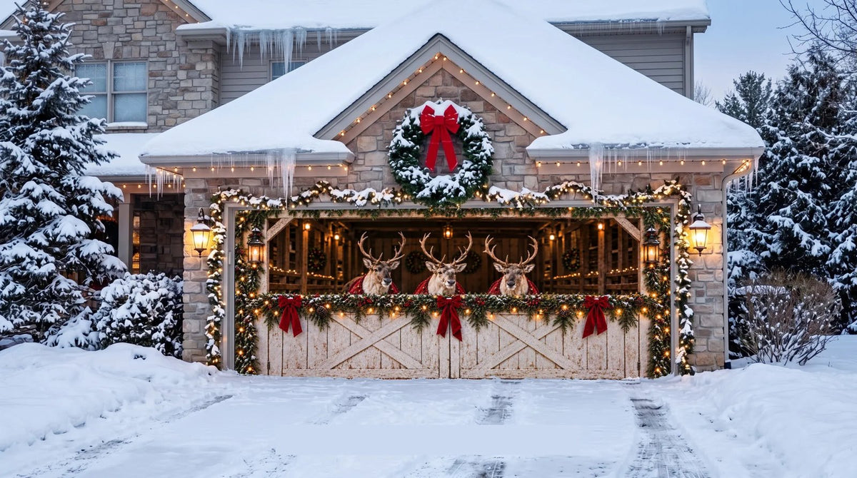 Christmas garage door cover with reindeer and rustic stable artwork