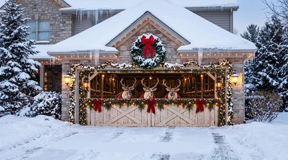 Christmas garage door cover with reindeer and rustic stable artwork