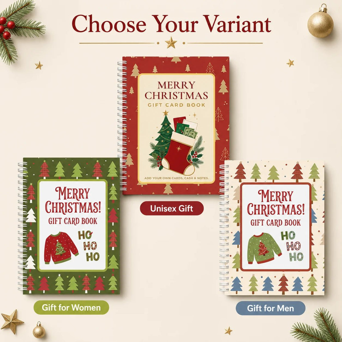 Christmas Gift Card Book festive cover choices for different recipients
