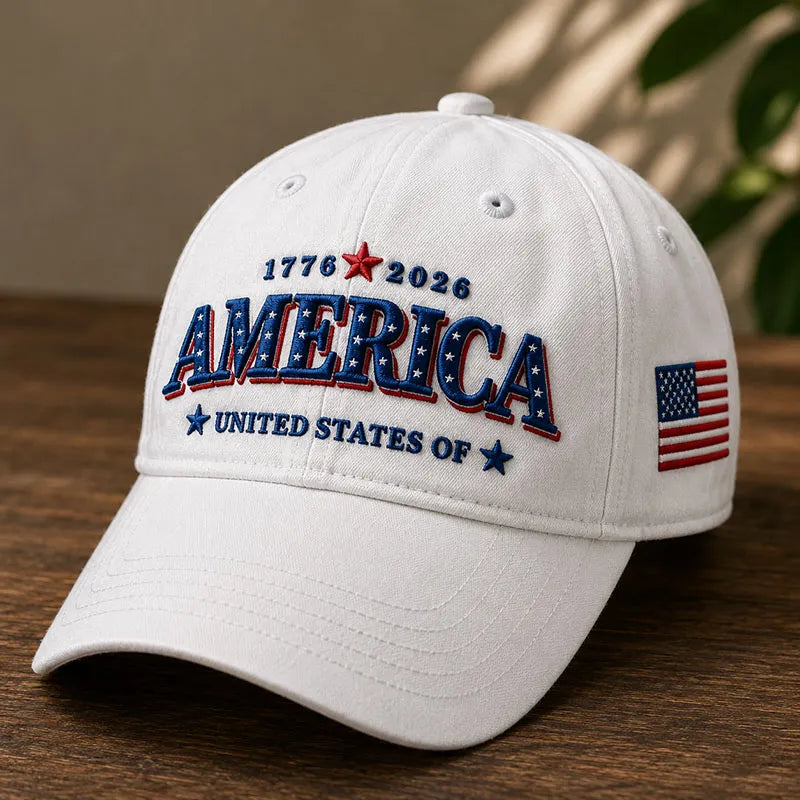 White America 1776-2026 patriotic 250th anniversary baseball cap with embroidered AMERICA and USA flag patch