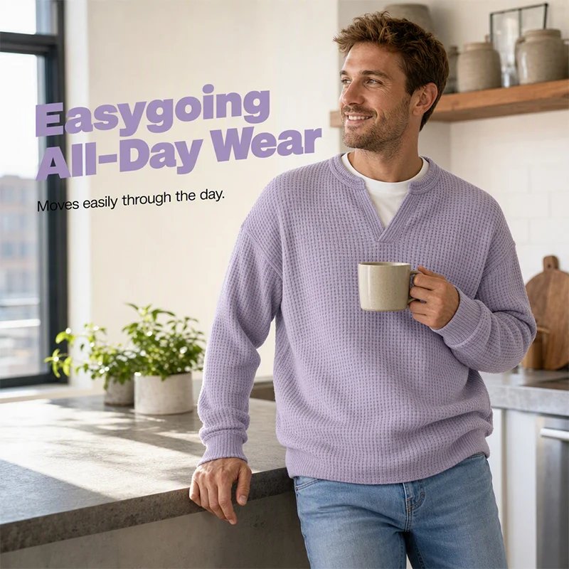 Lavender waffle tee worn at home with jeans