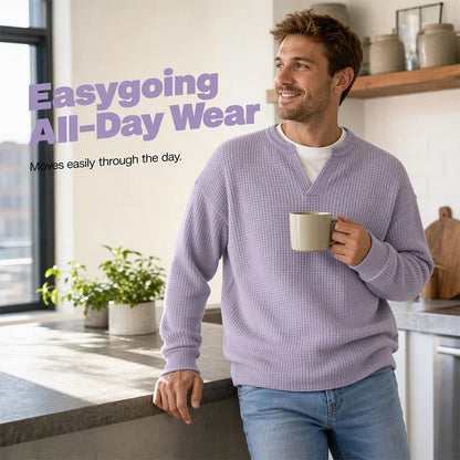 Lavender waffle tee worn at home with jeans