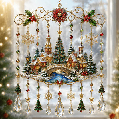 Christmas Village snowy scene stained glass window hanging
