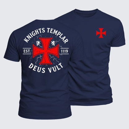 Knights Templar Deus Vult navy blue cotton tee front and back