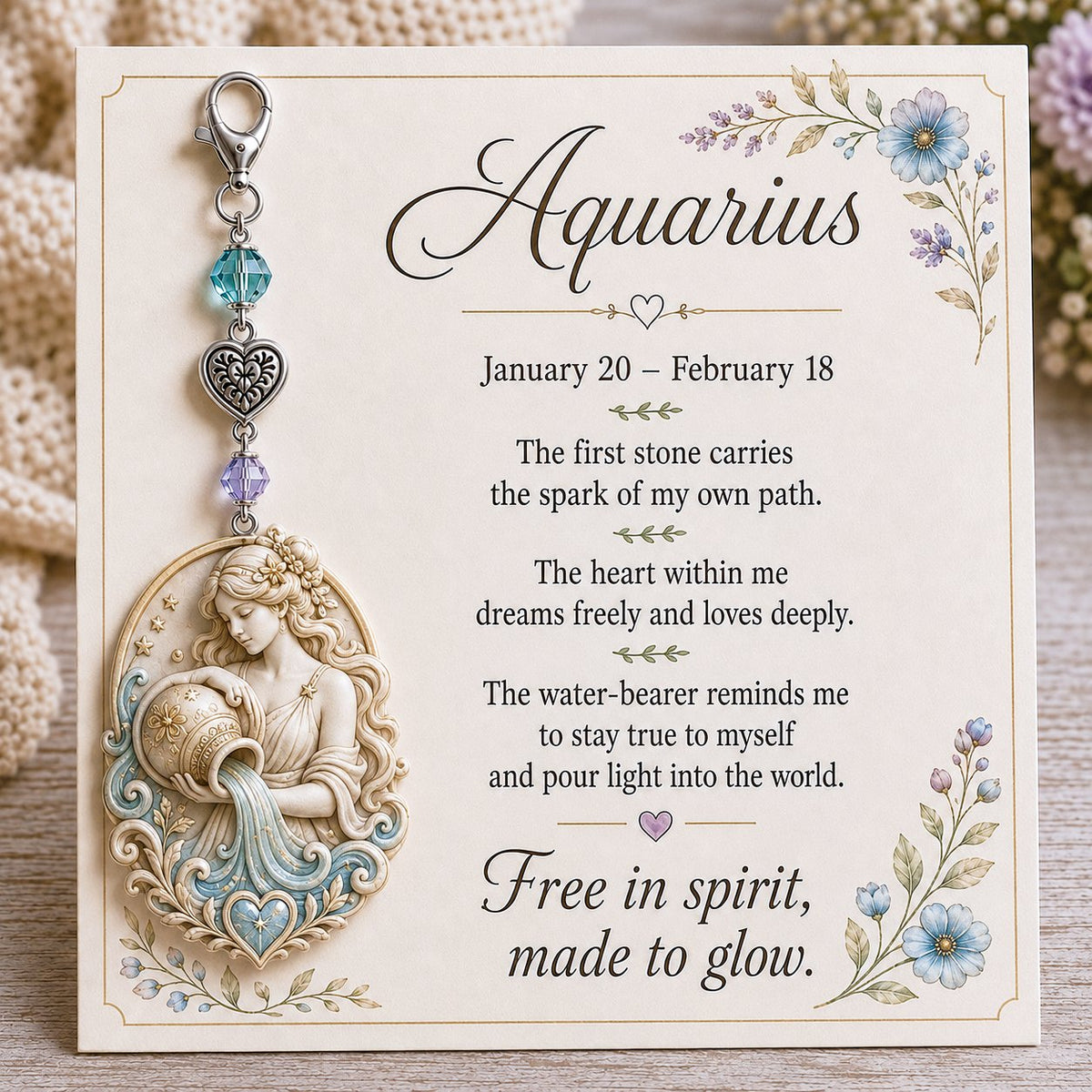 Aquarius zodiac birthstone keychain with heart charm and affirmation keepsake card