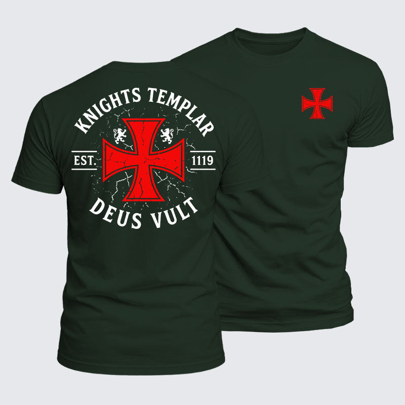 Knights Templar Deus Vult forest green cotton tee front and back