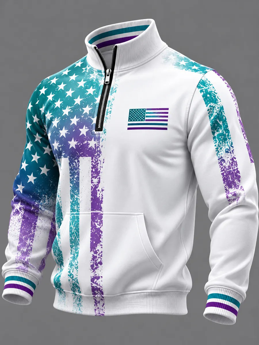 Men’s suicide prevention awareness quarter-zip sweatshirt in teal and purple distressed American flag print