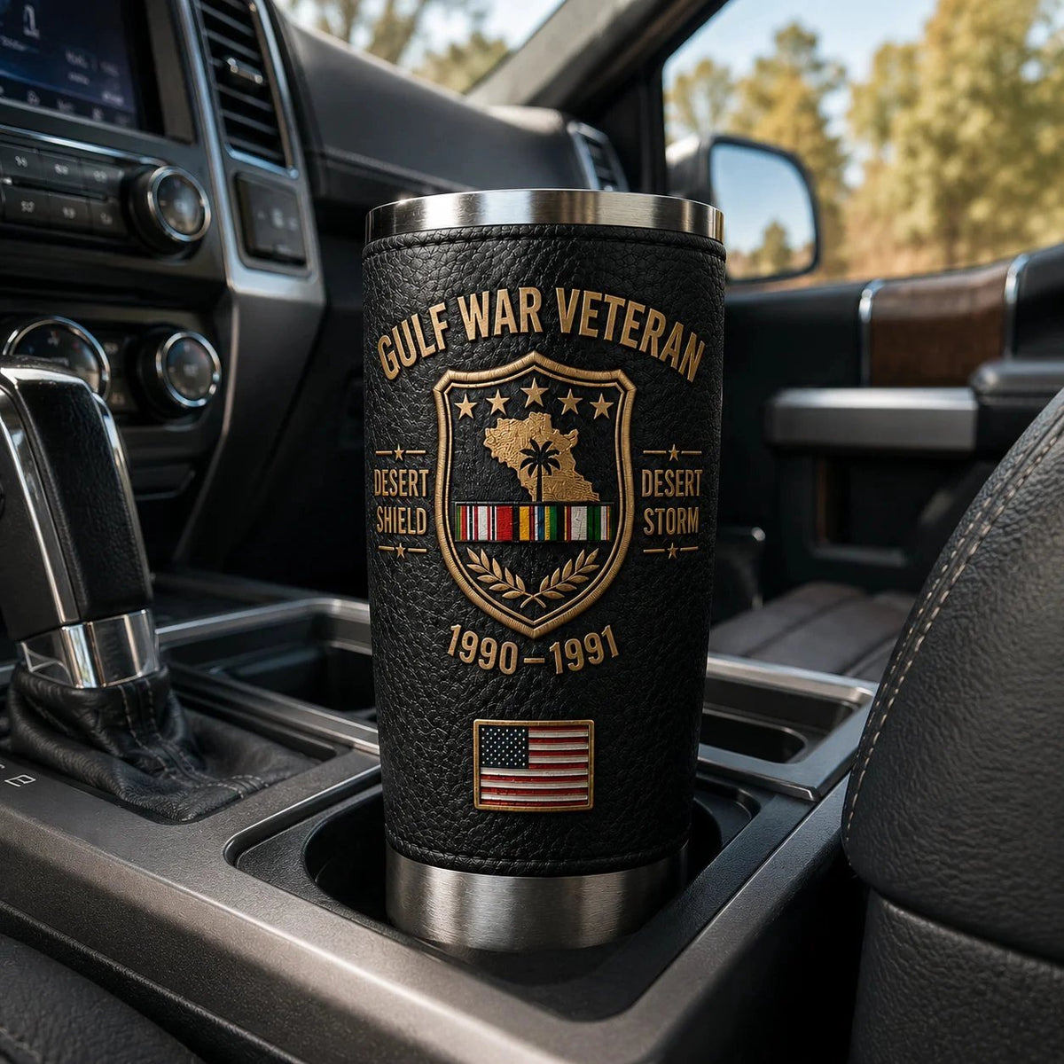 Gulf War Veteran Desert Shield and Desert Storm tumbler in a vehicle cup holder