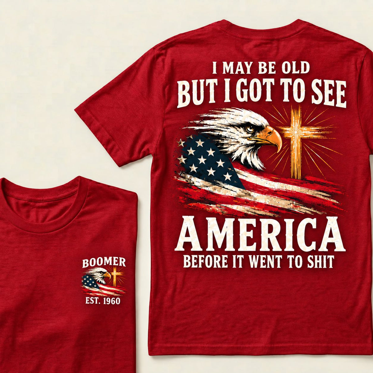 Red Boomer graphic T-shirt with vintage eagle, USA flag and cross, front and back