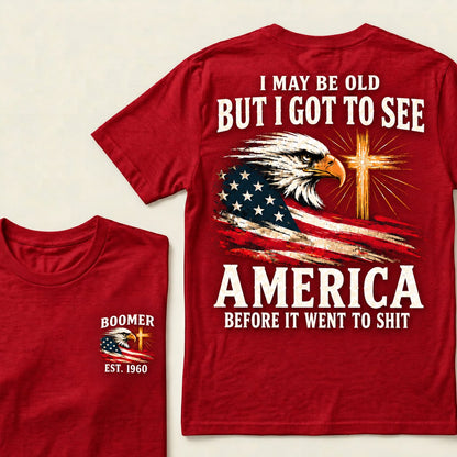 Red Boomer graphic T-shirt with vintage eagle, USA flag and cross, front and back
