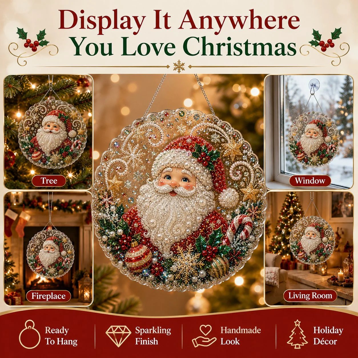 Display DIY Christmas ornament on tree window fireplace and living room