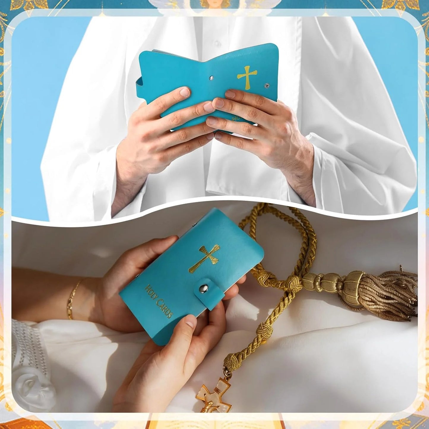 Priest and woman holding Catholic holy card holder for devotion and prayer