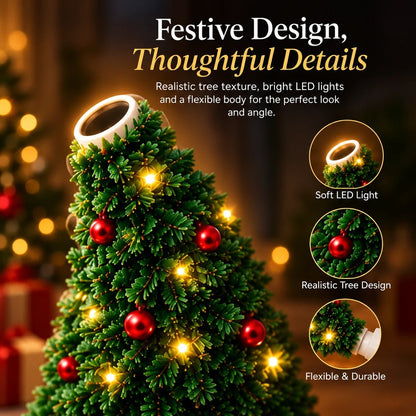 Close-up of the lit Christmas tree projector, lens and flexible body