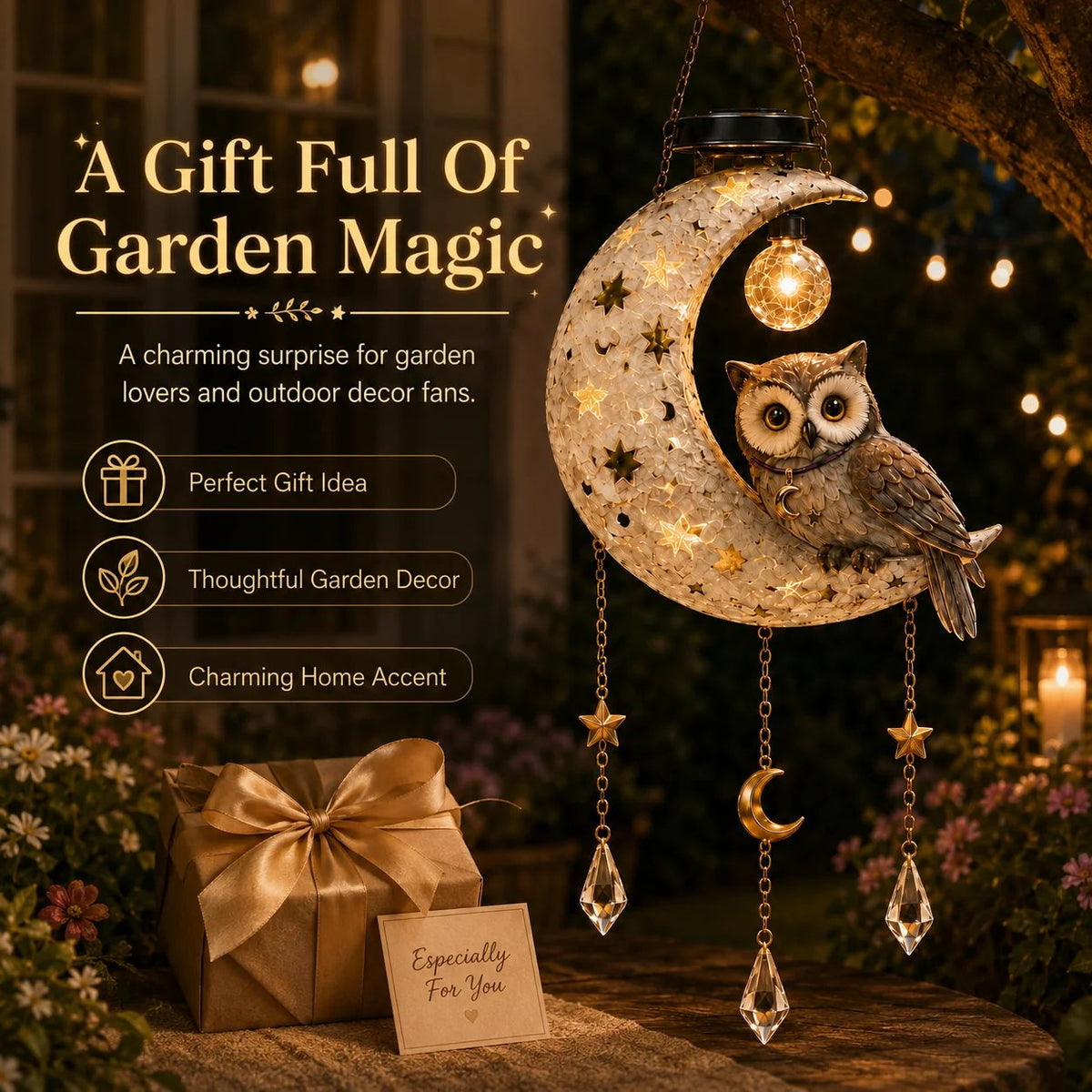 Solar owl moon garden light gift set with box