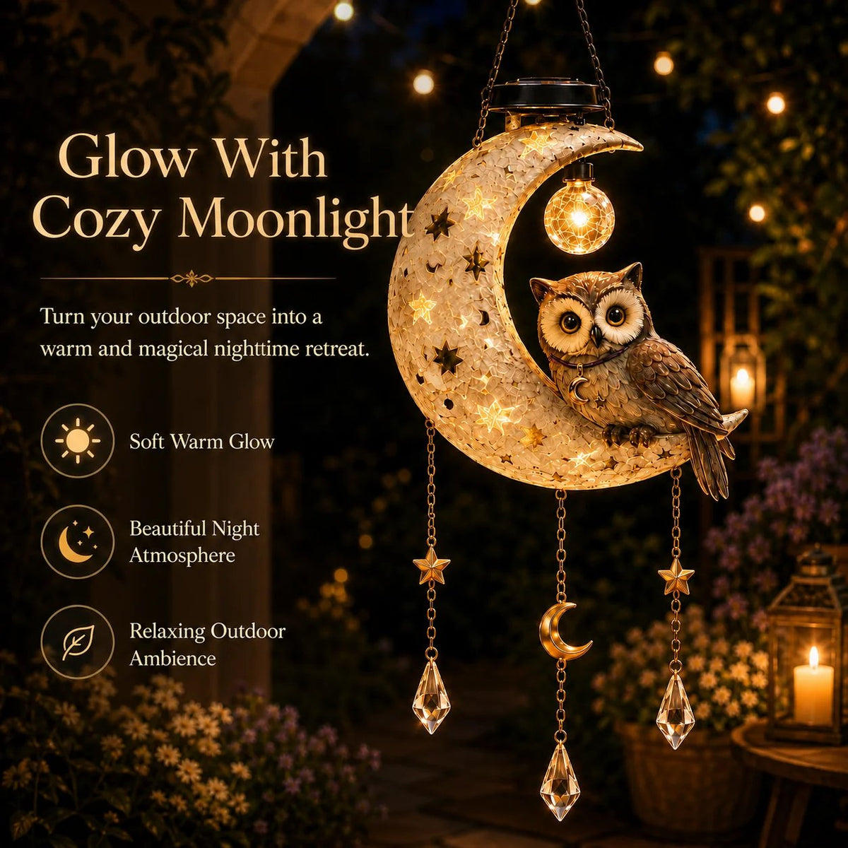 Warm LED owl moon garden light glowing at night