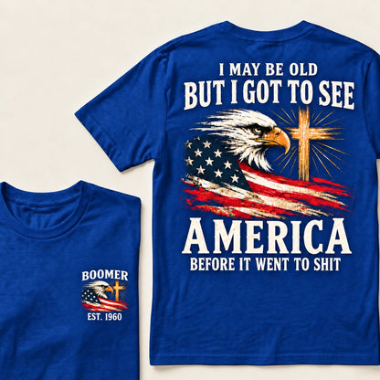 Blue Boomer graphic T-shirt with vintage eagle, USA flag and cross, front and back