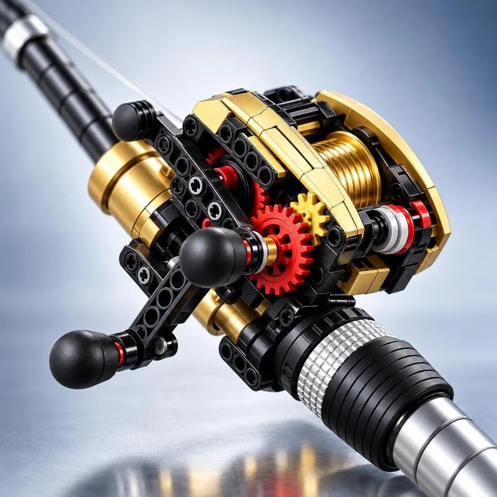 Fishing rod building kit mechanical reel close-up showing gears and crank handle