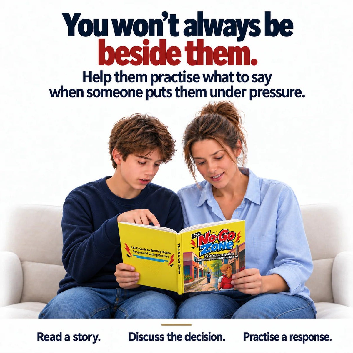 Parent and child reading an illustrated safety storybook together